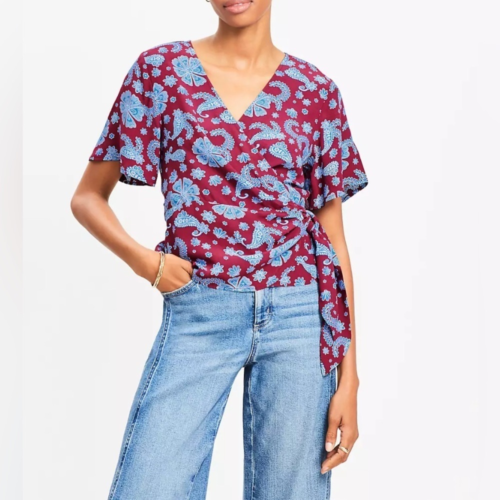 Escada Silk Short Sleeve Floral Wrap Blouse 36/S